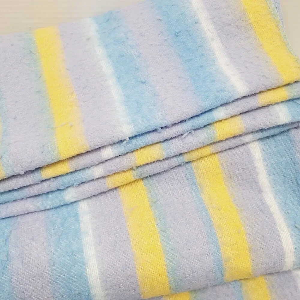 Vintage Twin Sized Striped Fleece Blanket Satin Trim Blue Purple Yellow White